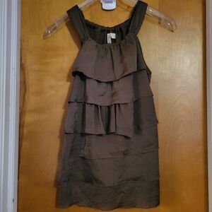 Vintage Bohemian Brown Sleeveless Top With Wide, Tiered Ruffles